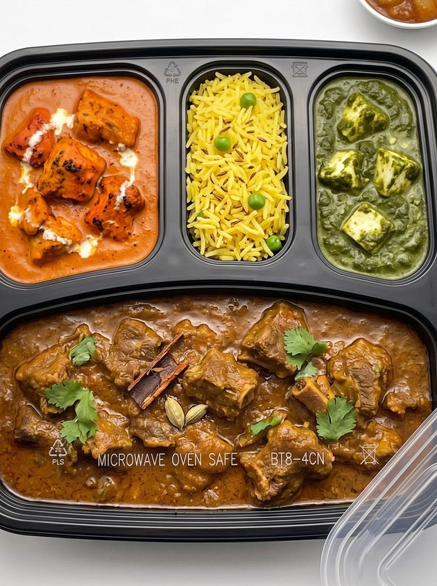 4 Compartment Food Container- Black Base - With 2 Small Compartments (300 Pcs)
