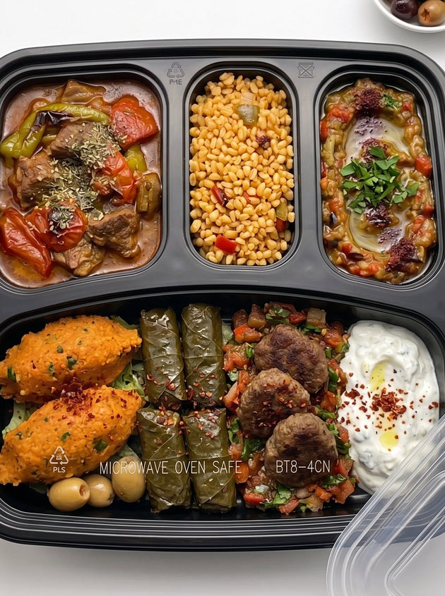 4 Compartment Food Container- Black Base - With 2 Small Compartments (300 Pcs)